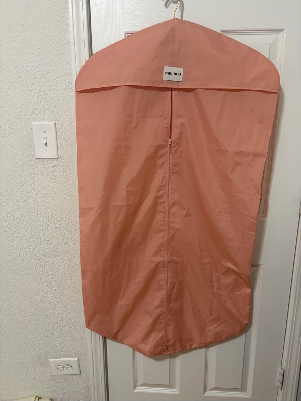 Miu Miu Pink Garment Bag Nylon + Miumiu Tan Velvet Hanger with Gold Hook Luxury